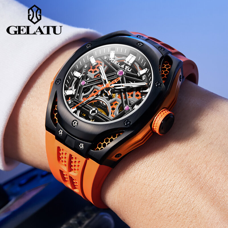 นาฬิกาผู้ชายแบรนด์หรู Gelatu เทปซิลิโคนกล่องของขวัญนาฬิกากลไกอัตโนมัติกันน้ำเรืองแสงกลวงออกนาฬิกาผู้ชาย