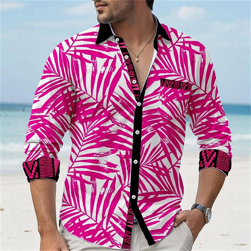 2024 New men's rose 3D printing creative long sleeved lapel button up shirt summer leisure vacation street men's clothing