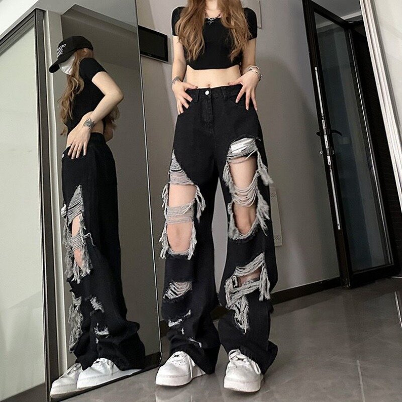 Ripped Jeans for Women Loose Fashion Vintage High Waist Personality Streetwear All-match Casual Full-length Trousers Cool Teens