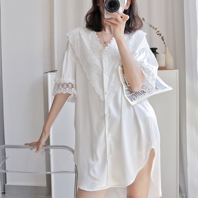 Женская шелковая ночная рубашка в стиле бойфренда, кружевная пикантная летняя Тонкая шелковая пижама средней длины на весну и осень