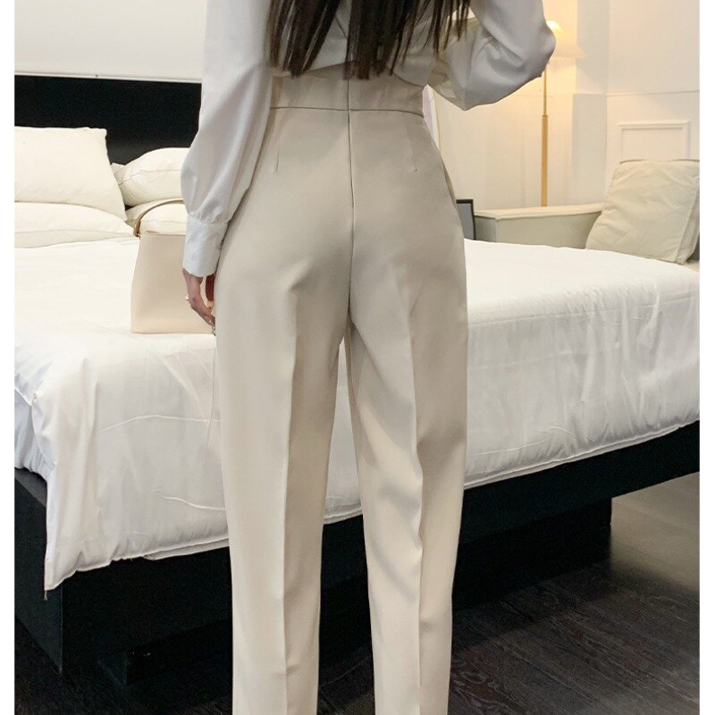 Celana panjang lurus wanita, celana panjang warna polos metalik Formal pinggang tinggi modis baru musim panas dan semi 2024
