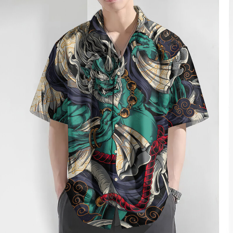 Retro Men's Shirt Ukiyo-E Print Hawaiian Shirts For Men Summer Casual Short Sleeve Shirt Street Men Clothes Oversized Shirts Top