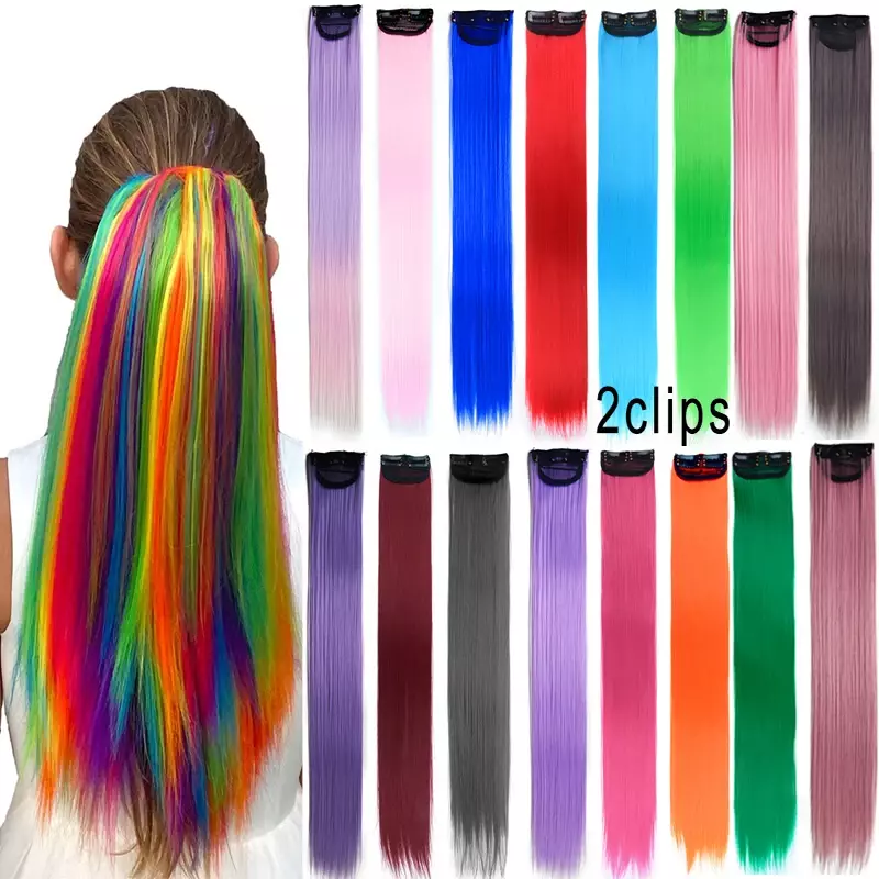 Extensiones de cabello liso con Clip para niños, postizos coloridos de 22 pulgadas con reflejos de arcoíris, color azul, 2 piezas