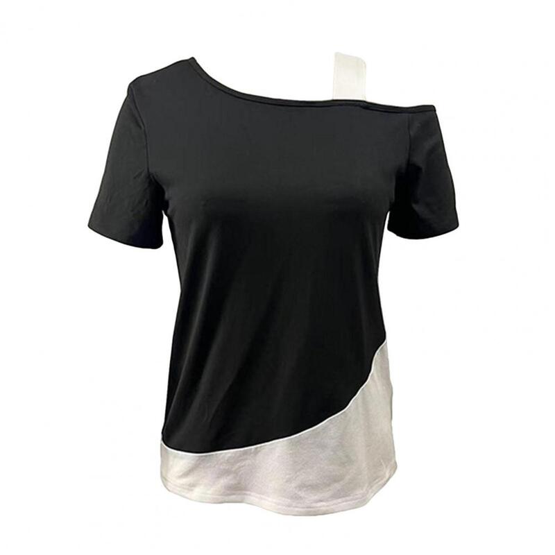 Loose Fit Off-Shoulder-Shirt Stilvolle Sommer-Tops mit schulter freiem Schräg kragen für Damen mit Patchwork-Farbe und lockerer Passform für Streetwear