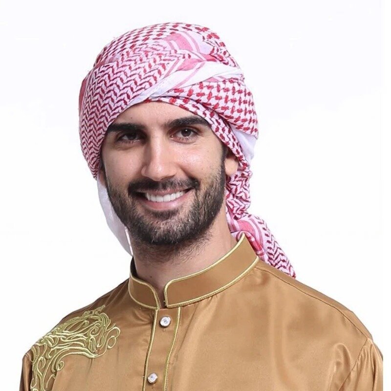 아랍 남성용 빨간 격자 무늬 머리 스카프, 터번 모자, 머리 원형 무슬림 머리띠, 두바이 터번, 사우디 남성용 터번, Keffiyeh, 140cm * 140cm