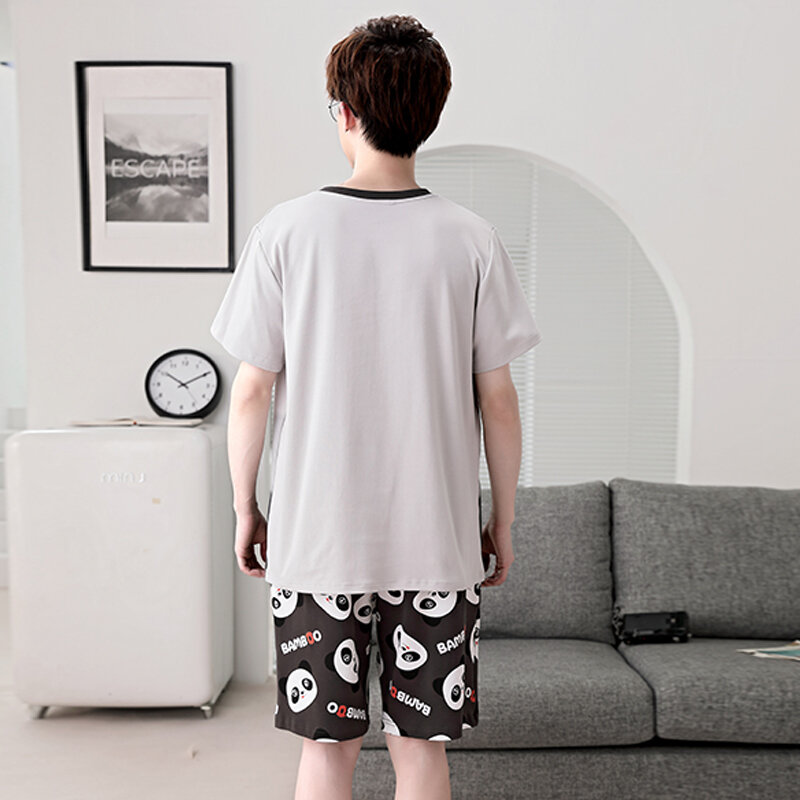 Summer Men Pajamas Set Adult Sleepwear Cotton Pyjamas Homewear Cartoon Panda Korean Loose Short Sleeve Pijamas Leisure Loungewea