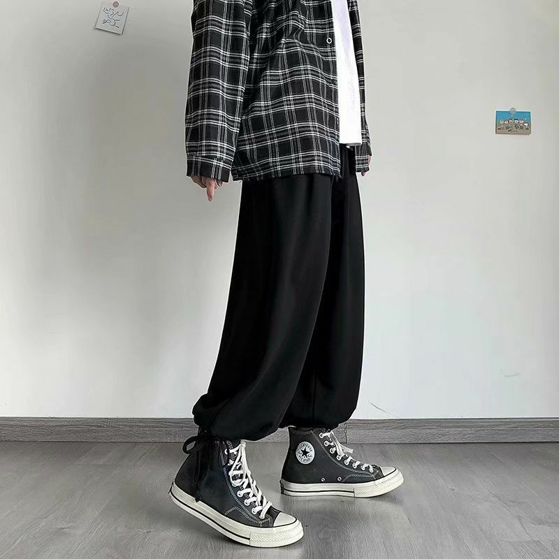 QWEEK-pantalones de chándal deportivos de gran tamaño para hombre y mujer, ropa de calle básica informal, color gris, estilo japonés, color negro