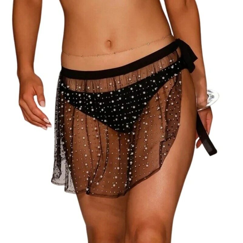 2024 New Women Lace Up Beach-Skirt Shiny  Bikinis Cover Up Skirt Girls Mesh-Beach Skirt Female Swimwear Cover Up Skirt