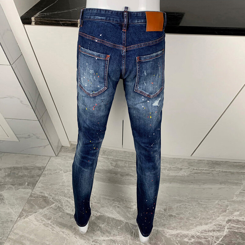 Główna ulica modne dżinsy męskie niebieskie w stylu Retro rozciągliwy elastyczny krój Slim Fit porwane jeansy mężczyzn malowany projektant Hip Hop markowe spodnie Hombre