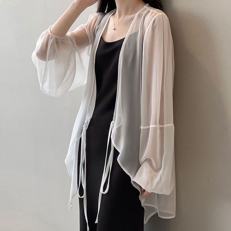 Summer Thin Ice Silk Lacing Cardigan Long Sleeve Solid All-match Loose Irregular Shirt Tops Temperament Fashion Women Clothes
