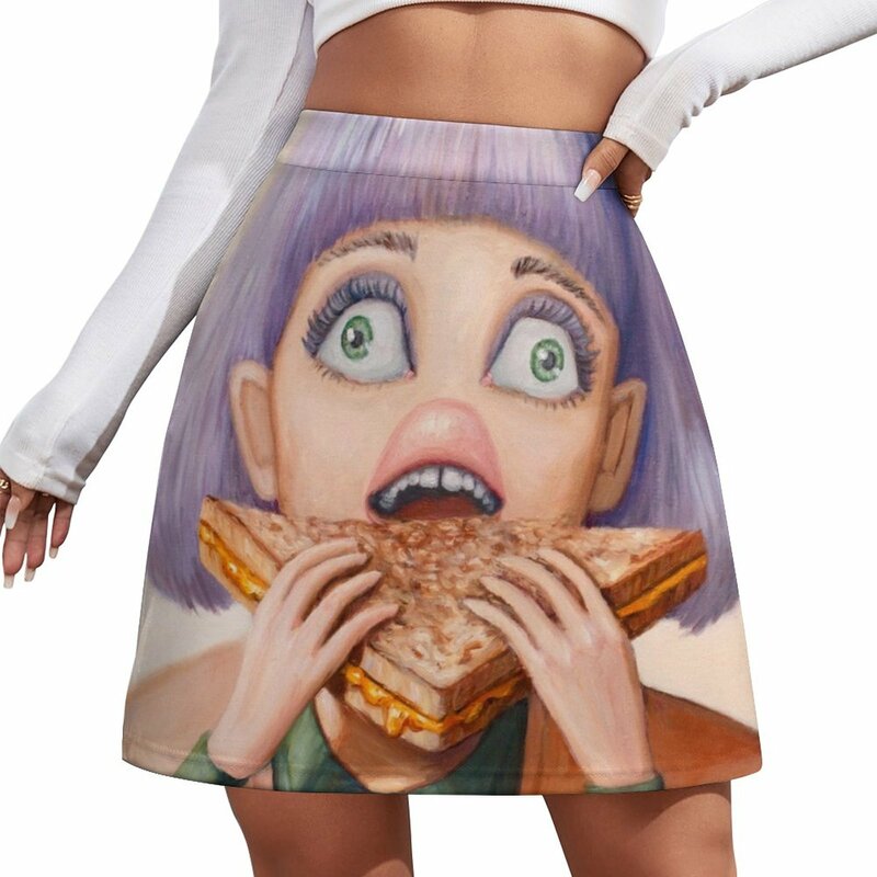 Mini jupe grillée pour femme, peinture de femme mangeant un sandwich par l'artiste Heather Buchanan, robes d'été pour femme, 2023