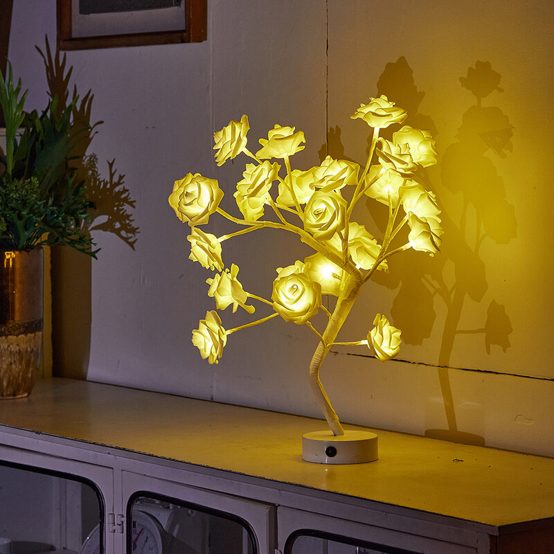 Lámpara de mesa LED con batería USB, flor de rosa, bonsái, árbol, luces nocturnas, guirnalda, decoración de dormitorio, luces de Navidad, decoración del hogar