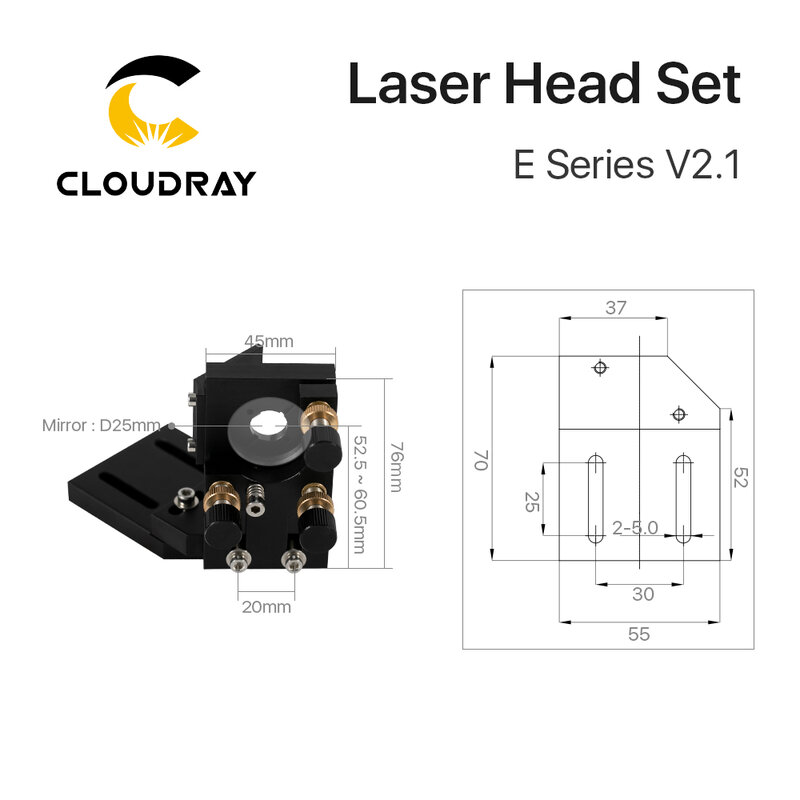 Cloudray 레이저 조각 절단기용 CO2 E 시리즈 레이저 헤드 세트, 렌즈 D20mm FL50.8, 63.5 및 101.6 미러 25mm, 신제품