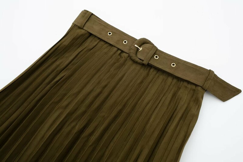 Falda Midi plisada con efecto de textura de gamuza para Mujer, cinturón de decoración de moda elegante, faldas femeninas Vintage de cintura alta, Otoño, nuevo