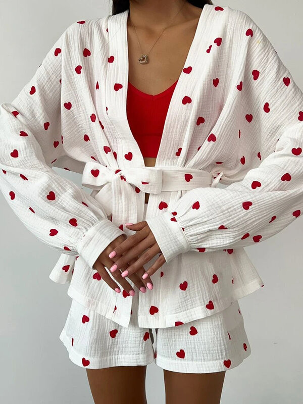 Cotton Pajamas For Women 2 Piece Sets Print Long Sleeve Kimono cardigan top Shorts Sleepwear Suit Female Summer Shorts Tracksuit