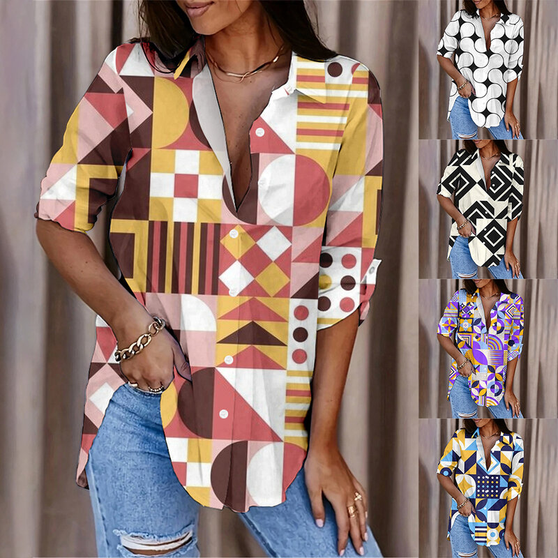 Fashionable Casual Street Button-Down Shirt Elegant And Comfortable Long Sleeve Loose Top Colorful Geometric Print Women's Shirt