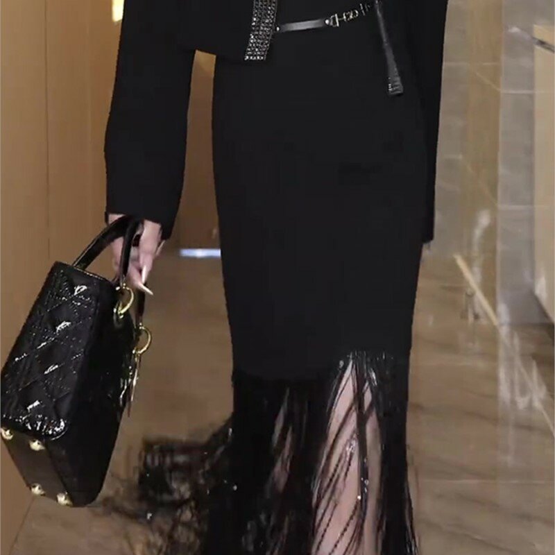 Женская черная юбка с кисточками, новая модная универсальная эластичная прямая юбка с высокой талией для похудения
