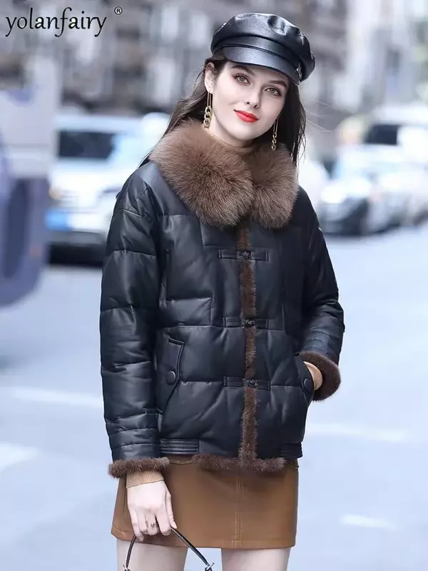 Zimowa nowa 2023 kurtka puchowa z prawdziwej skóry dla kobiet krótka modna z naturalnej owczej skóry futra lisa kwadratowy kołnierzyk ciepłe ubrania FCY5117