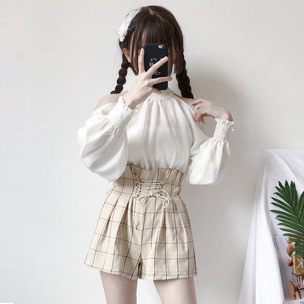 Mori kei baju sifon gaya Jepang, kemeja sifon putih lengan panjang manis dan blus
