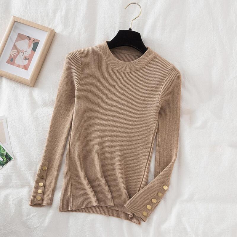 Soft Stretchy Women Top Stylish Crew Neck Women's Sweater with Long Sleeves Button Decor for Fall Winter Slim for Fashionable