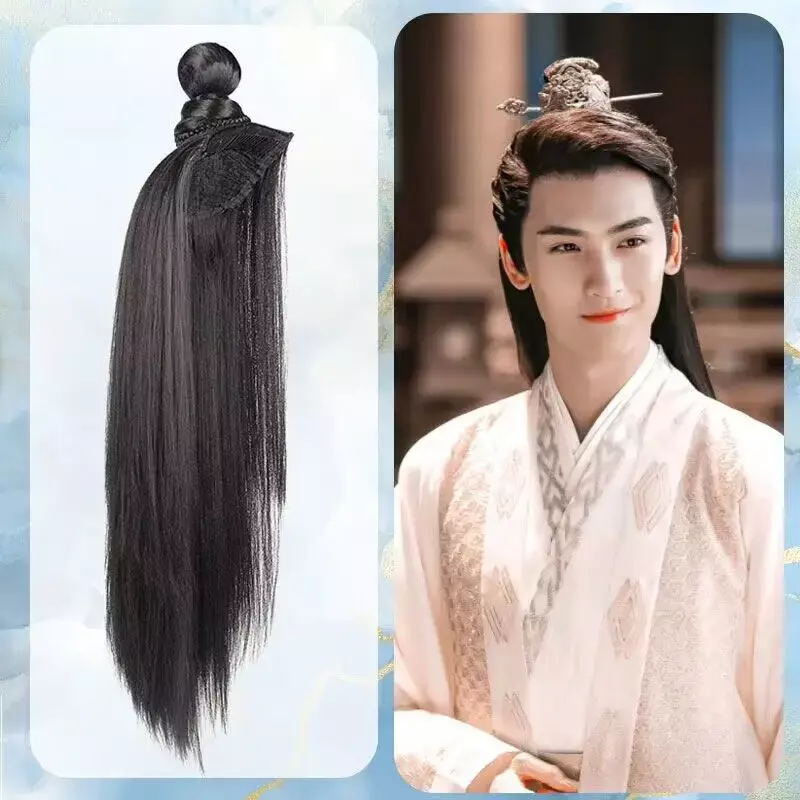 Hanfu Cosplay Perucas masculinas, perucas longas e retas, peruca preta, acessórios para chapelaria, anime chinês antigo