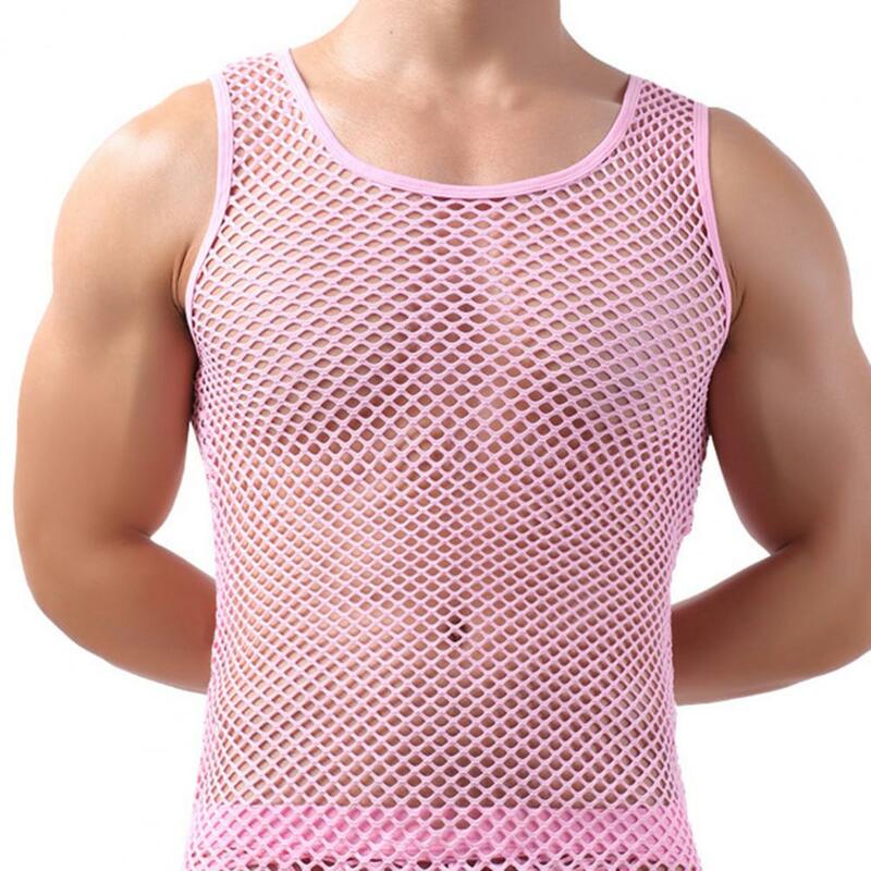 Men Undershirt Mesh See-Through Sleepwear Fish Net Pure Color Vest Summer Nightclub Sheer Tops Shirt Costume Fish Net T-Shirt