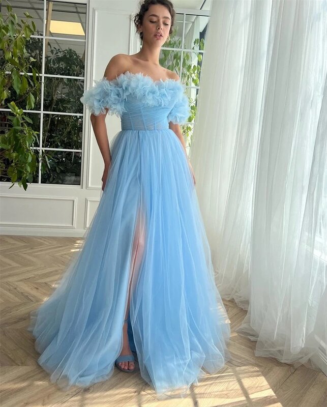 Fancy Sky Blue Fairy Long Prom Dress Tulle Off The Shoulder A Line High Side Slit Pleat Ruffles Vestidos Para Eventos Especi