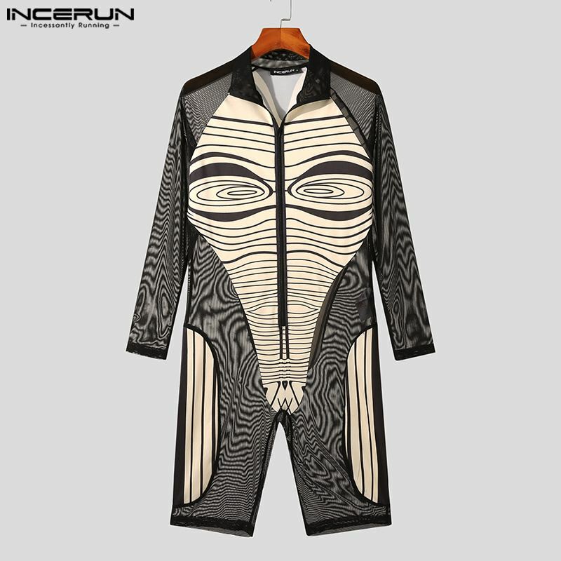 Inerun-Men's homewear romers、抽象的な印刷、シースルー、メッシュステッチ、長袖、フラットアングルボディスーツ、アメリカンスタイル、S-5XL