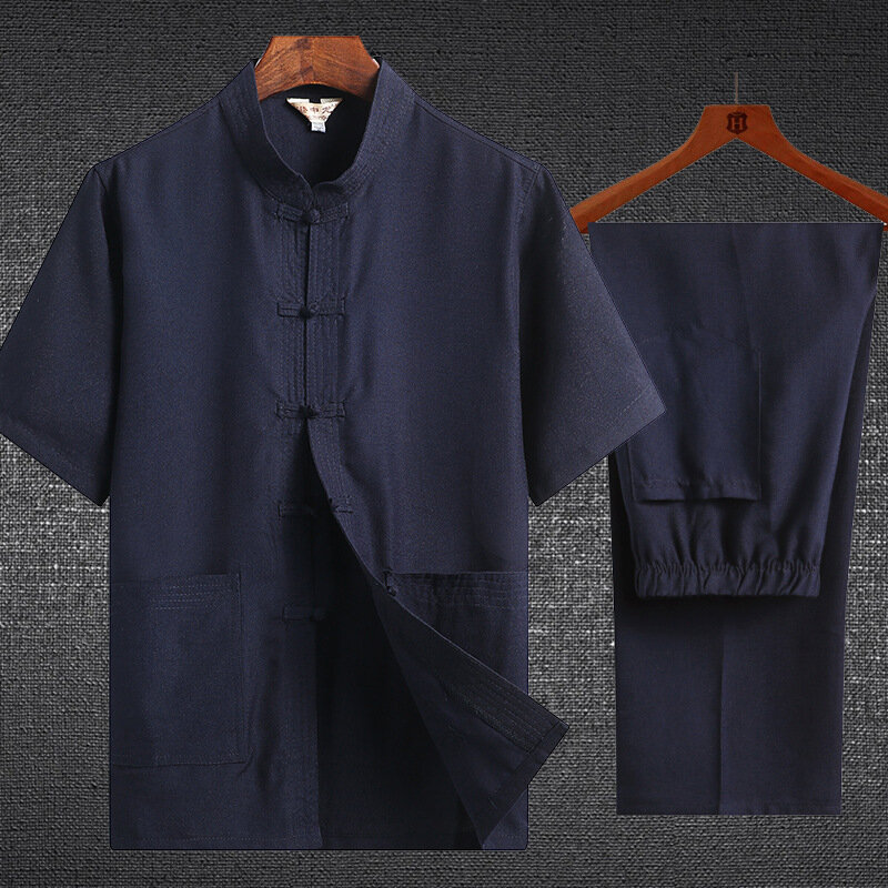 Plus rozmiar bawełniana pościel mężczyźni strój Tang spodnie z krótkim rękawem garnitur chiński styl Hanfu tradycyjny kung fu garnitur Tai Chi jednolite