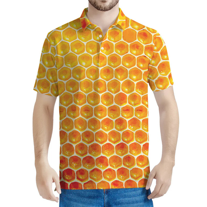 Cute Bees Honeycomb 3D Printed Polo Shirt For Men Street Short Sleeves Lapel T-shirt Hot Sale Summer Button Loose Tee Shirts