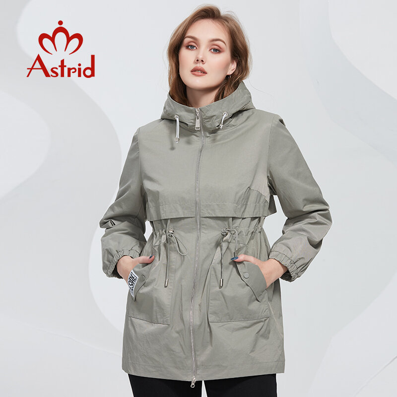 Astrid mantel Trench bertudung wanita, jaket Windbreaker kasual ukuran besar bertudung Musim Semi 2022 10157