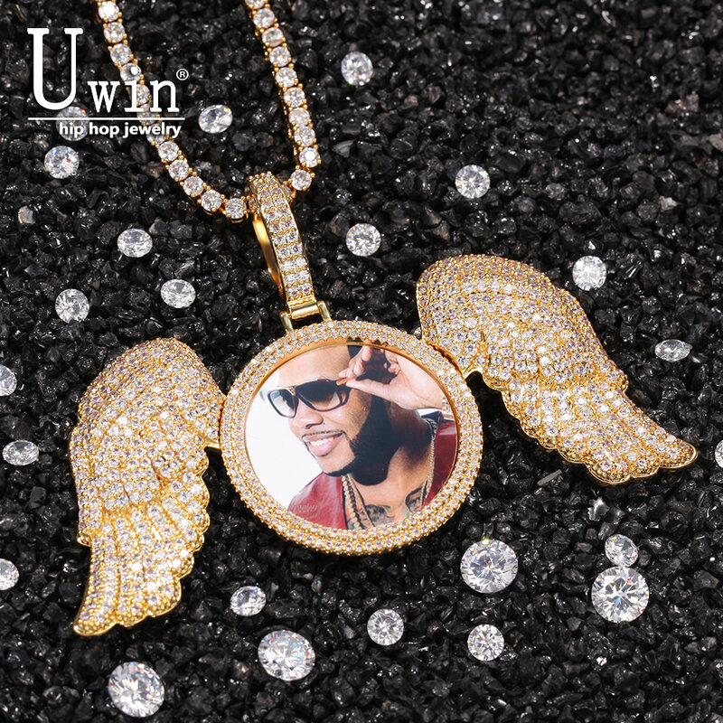 Uwin-男性のためのパーソナライズされた写真ペンダント,天使の羽が付いたカスタマイズ可能なリング,マイクロ舗装されたキュービックジルコニア,ギフトに最適
