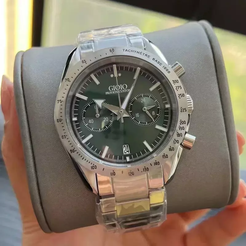 Luxury Men's Quartz Chronograph VK63 Watch 904L Stainless Steel Black Green Speed Sapphire Wristwatch Moonwatch