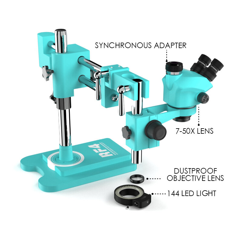 Microscope trioculaire stéréoscopique avec lampe 144LED, réparation de carte principale de téléphone portable, maintenance de PCB, RF4, RF7050TVW, 7-50X