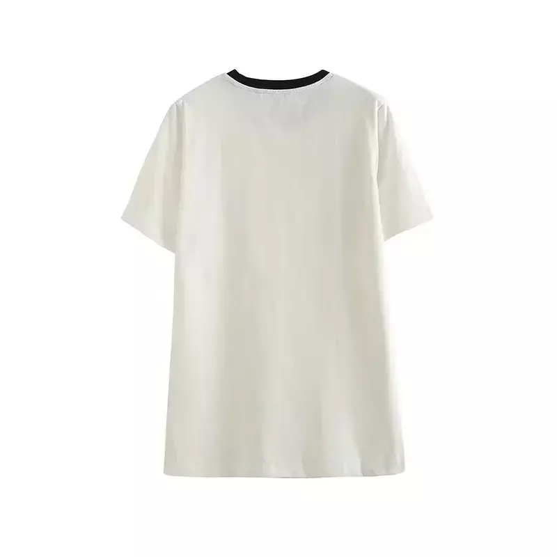 Camiseta de manga curta com decote em O, blusa justa, cor de contraste, monocromática, casual, básica, feminina, preto e branco, 2023
