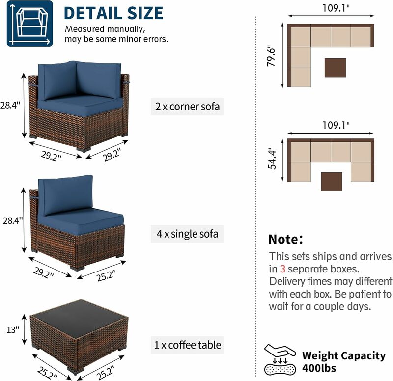 Patio Furniture Sets, Modular Rattan Outdoor Sectional Furniture Sofa Set, Wicker Patio Conversation Set for Backyard, Deck