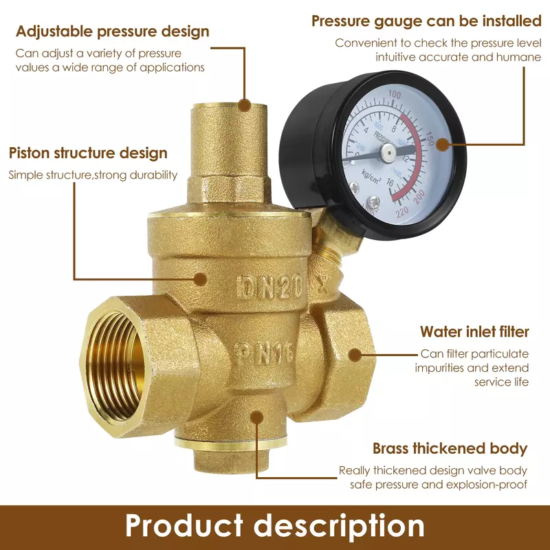 Riduttore di pressione dell'acqua valvola di regolazione della pressione dell'acqua in ottone DN20 da 3/4 di pollice manometro regolabile DN15 da 1/2 pollice