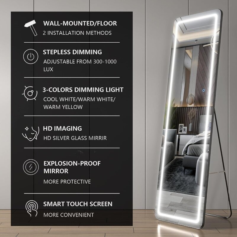 Cermin lantai LED panjang penuh, cermin panjang penuh kamar tidur dengan peredupan dan 3 mode warna, 63 inci x 16 inci