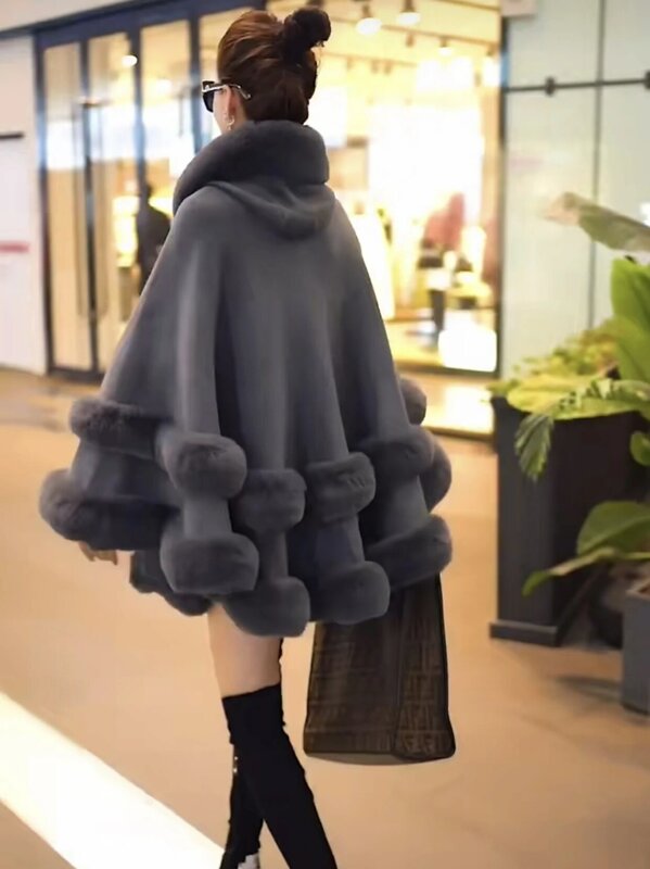 여성용 중간 길이 단색 숄, 두껍고 따뜻한 고급 겉옷, 모조 모피 스카프, 겨울 패션 겉옷, 모피 칼라 루즈