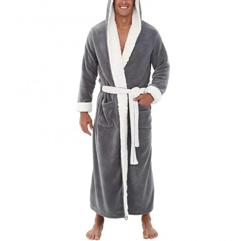 Men Long Bath Robe Soft Coral Fleece Sleepwear Color Block Pockets Bathrobe Home Gown For Mmen