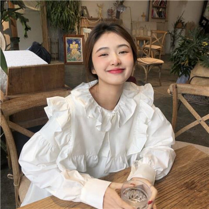 Chic Sweet Western Style Ruffle Top Women's Fall 2024 New Korean Style Loose Solid Color Shirt Coat Fashion