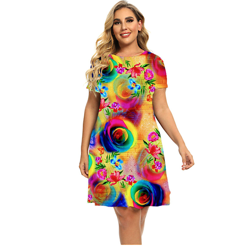 Женское платье с круглым вырезом, свободное платье большого размера с коротким рукавом и 3D-принтом Пейсли, лето 2023