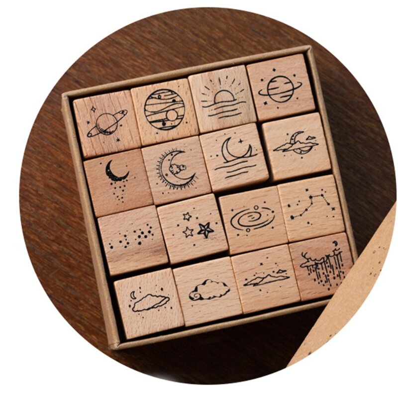 Juego sellos con forma planeta madera, 16cs, para manualidades, fabricación tarjetas, sello decorativo para