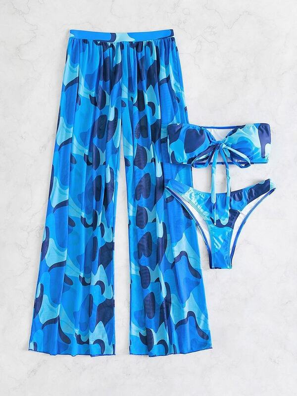 3 szt. Zestaw Bikini z przodu Bandeau 2024 kobiet trójkątny strój kąpielowy damska, drukowana strój kąpielowy z plażowymi spodniami seksowny wyściełany kostium kąpielowy