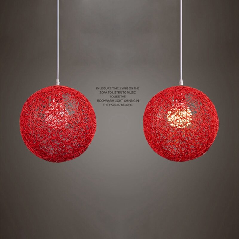 2 sztuki bambusa, rattanu i konopi żyrandol w kształcie kuli indywidualna kreatywność sferyczny klosz rattanowy-czerwony i kawowy