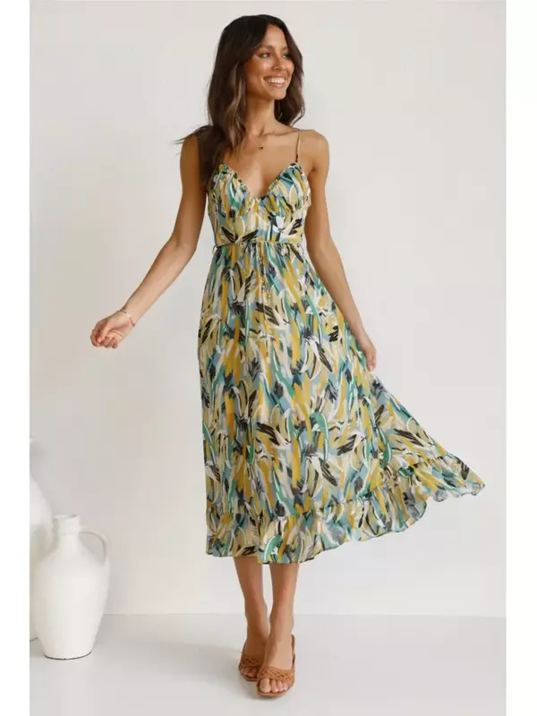 2024 Summer Printed Dress For Women Sexy Spaghetti Strap Boho Beach Vacation Sundress V-neck  Backless Dresses Femme Vestidos
