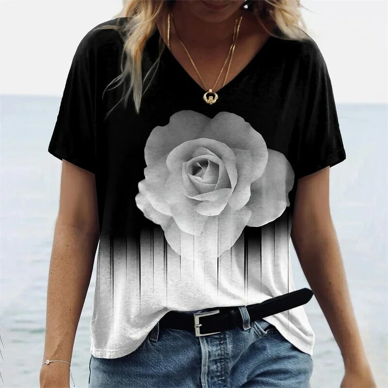 Zomerse Roos Graphics T-Shirts Dames Tops V-Hals Mode Dameskleding Bloemenprint T-Shirts Losse Oversized T-Shirts Streetwear