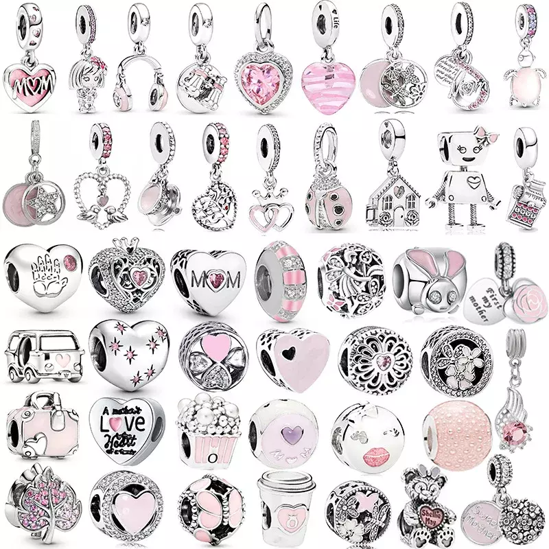 New Pink Series Heart Charms Beads Fit Original Pandora Bracelets Keychain Necklace DIY Mother's Day Jewelry Gift For Mom