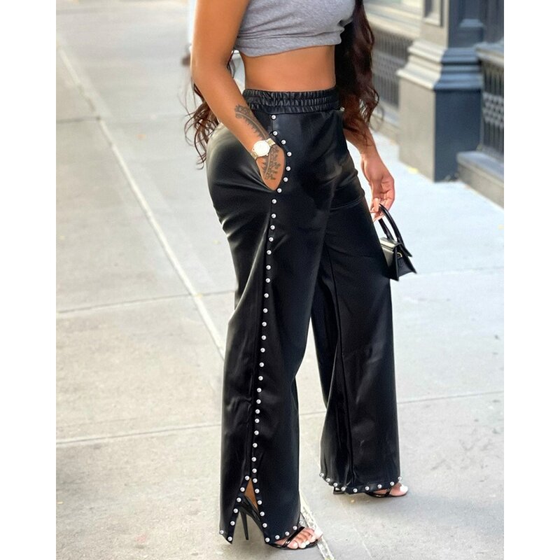 Spring Autumn Women High Waist Wide Leg PU Leather  Pants Casual Female Faux Leather Studded Decor Pants Streetwear Clothing