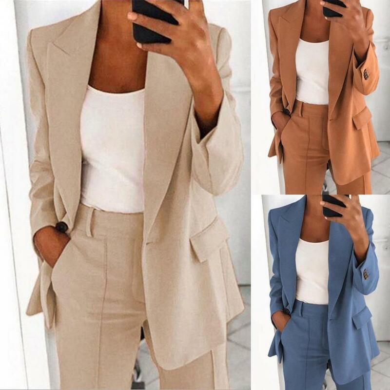 인기있는 여성용 긴팔 버튼 블레이저, 단색 아웃웨어, 사무실용 세트 재킷